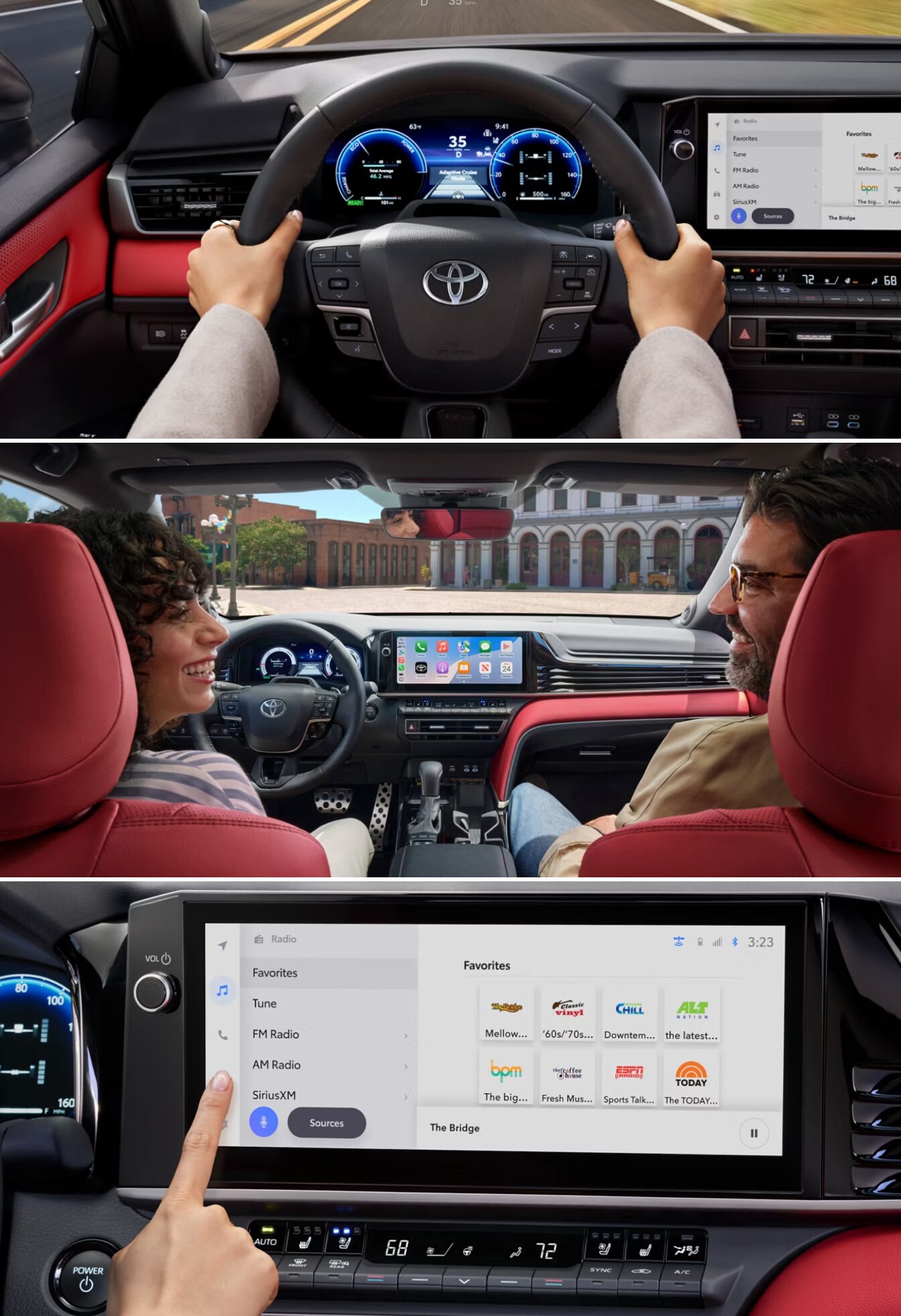 Three interior shots of the 2026 Toyota Camry XSE: front seat, dashboard, instrument cluster, and infotainment screen