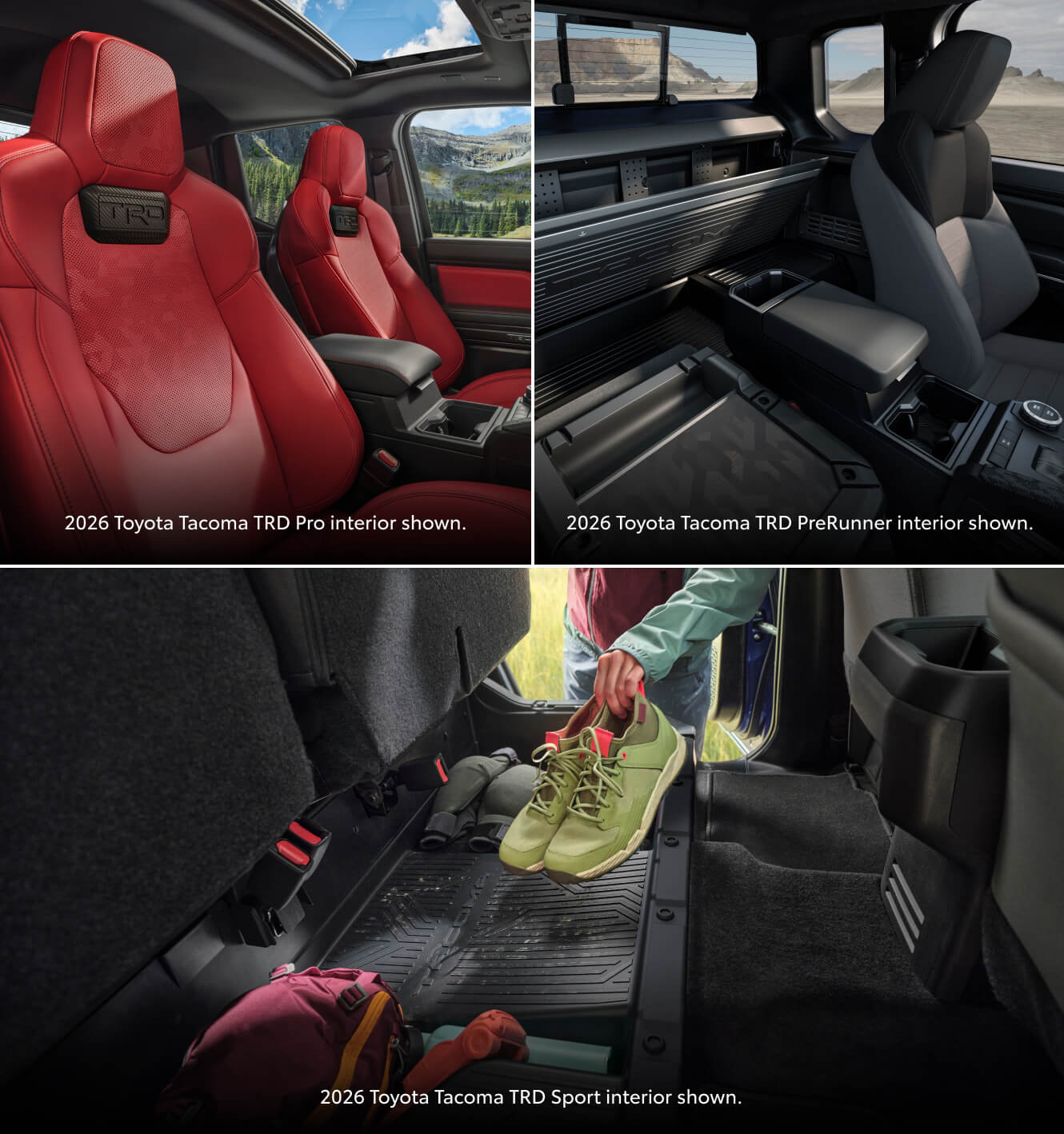 Three interior shots from 2026 Toyota Tacoma trims: TRD Pro, TRD PreRunner, & TRD Sport