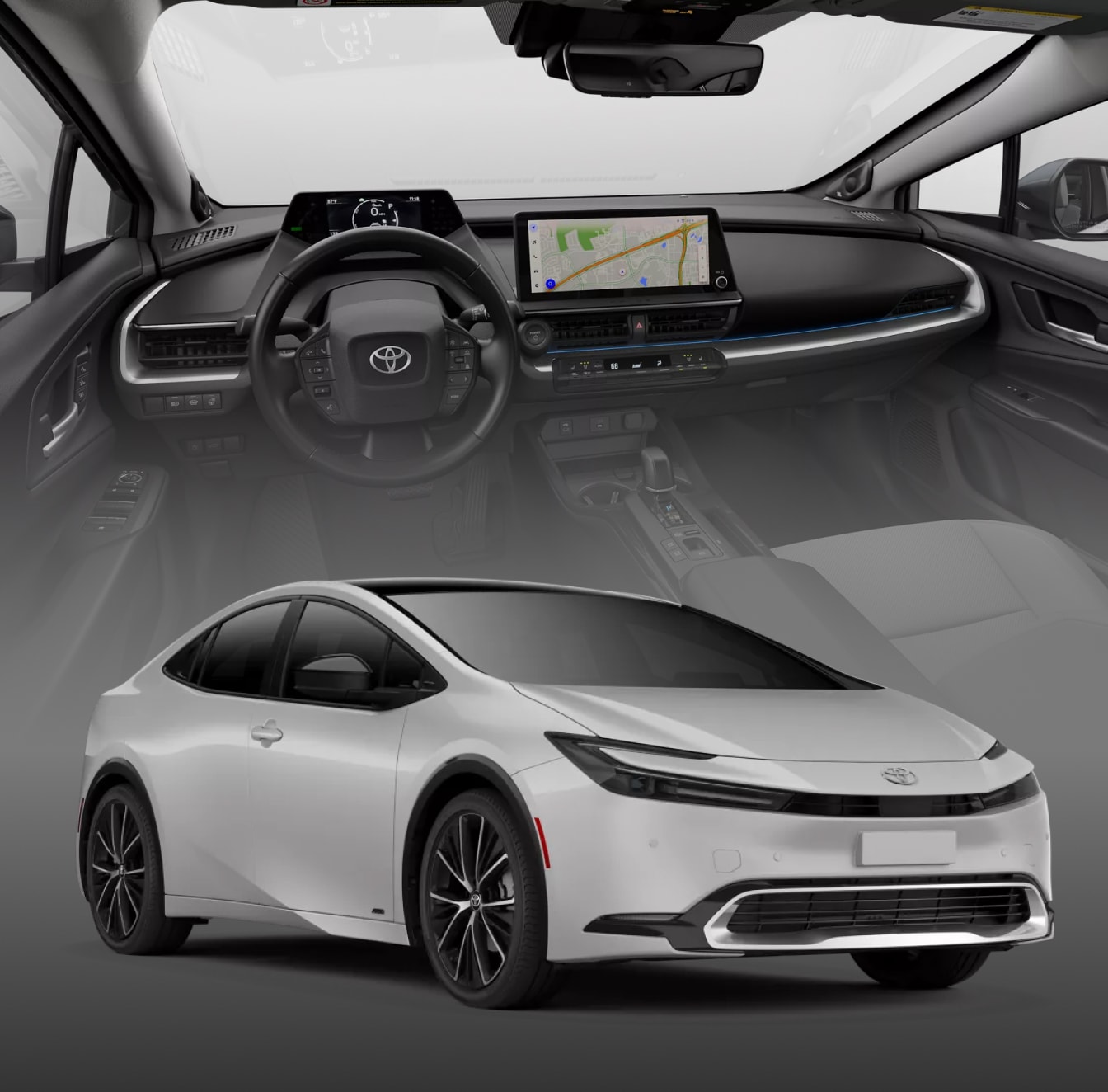 2026 Toyota Prius Limited AWD in white superimposed in front of a backdrop of the gray interior of the vehicle