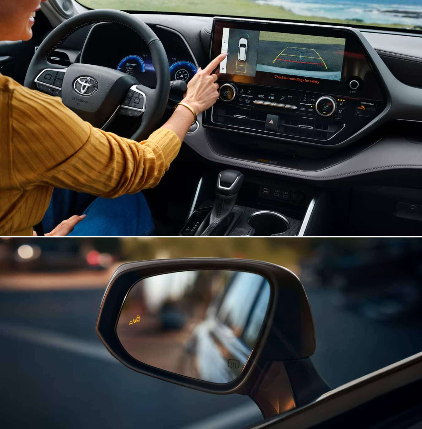 Exterior mirror and interior display of a new Toyota Highlander Hybrid Limited shown in Graphite Leather trim