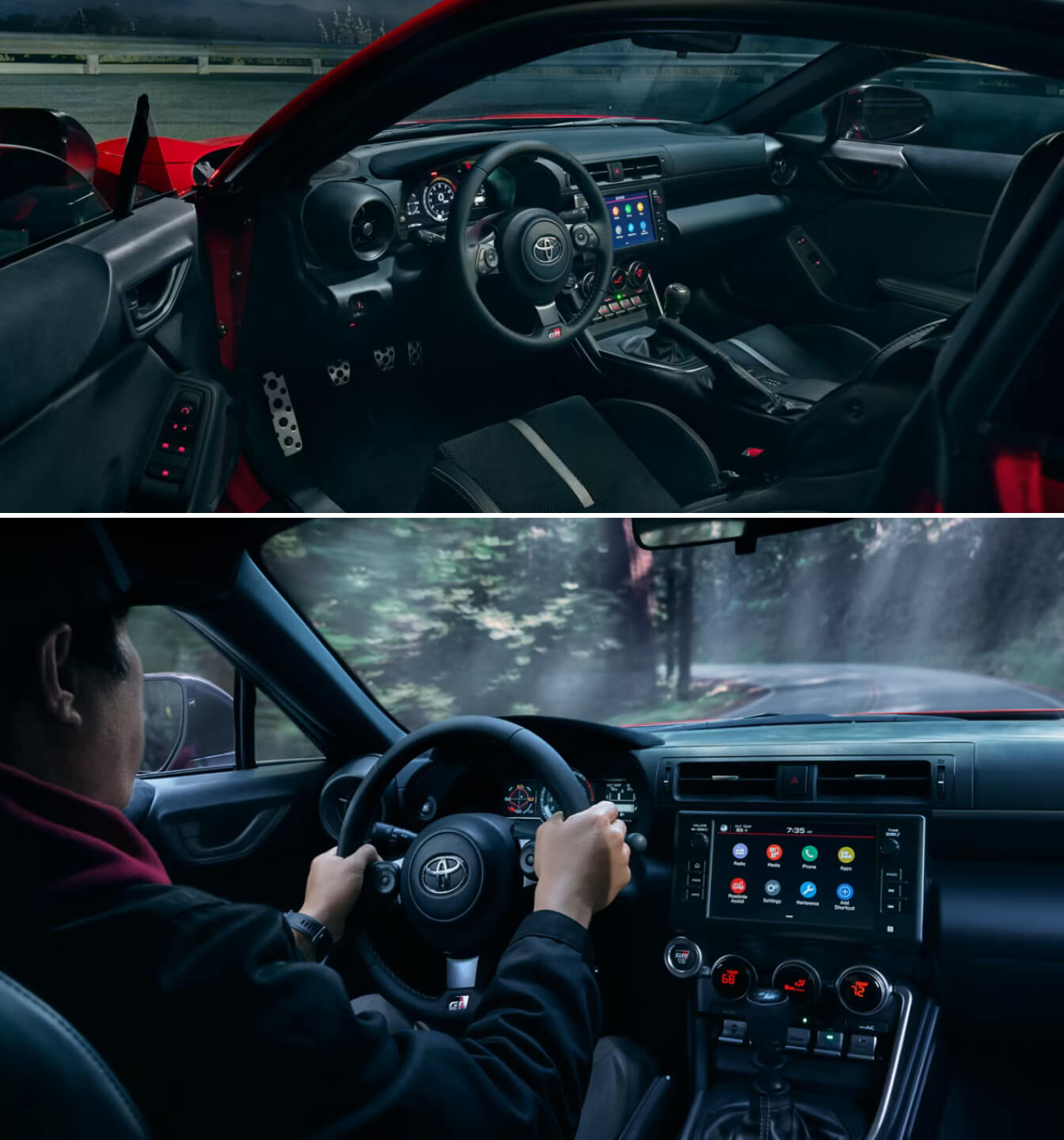 A perspective shot of a Toyota GR86 cockpit from outside the open driver door. An over the shoulder shot of a driver navigating a GR86 down a dark forest road.