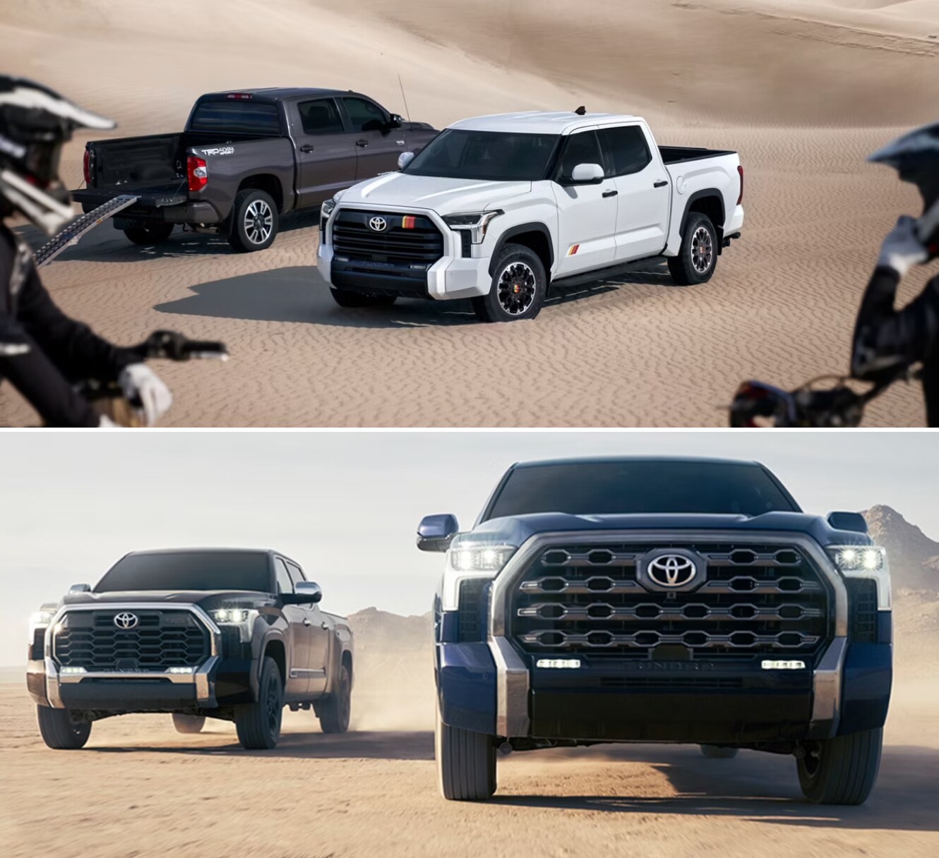 Multiple Toyota Tundra trucks driving in the desert