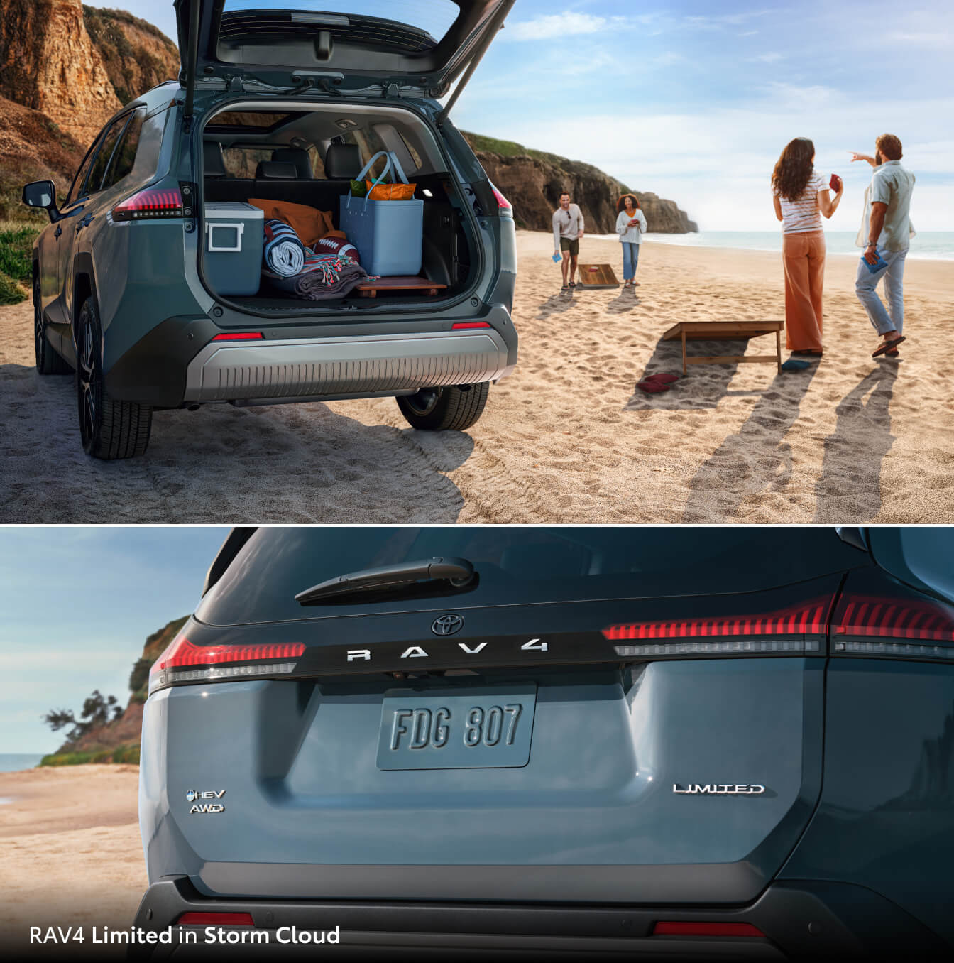 Two rear images of a 2026 RAV4 Hybrid in blue, one with the liftgate open and one with it closed