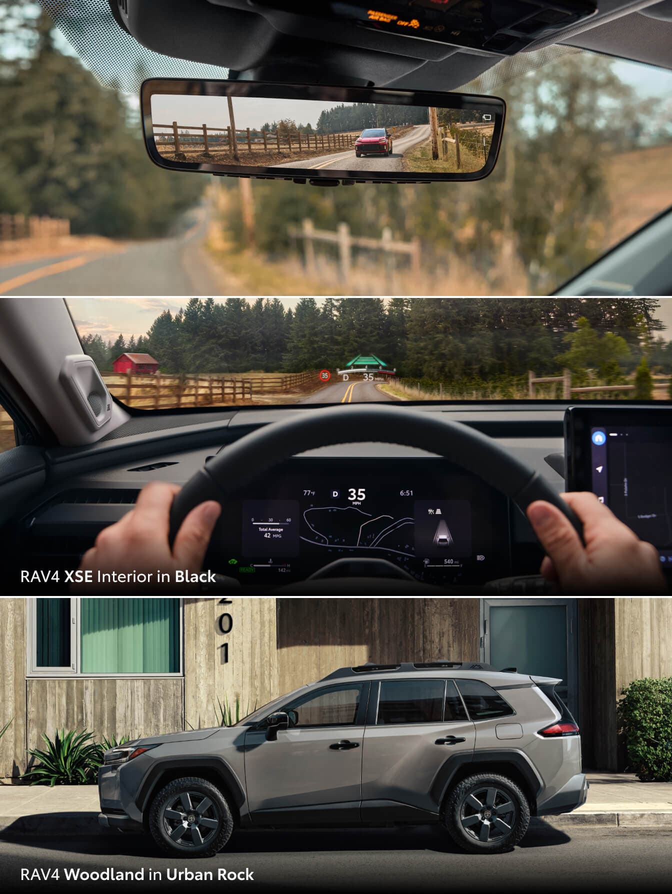 Three images of the interior and exterior of a 2026 Toyota RAV4