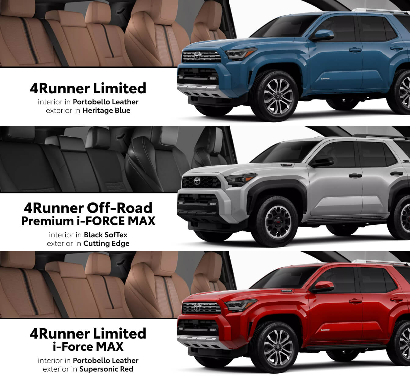 Exterior and interior shots of 3 2026 Toyota 4Runner Trims: Limited in Heritage Blue, Off-Road Premium i-Force MAX in Cutting Edge, & Limited i-Force MAX in Supersonic Red<
