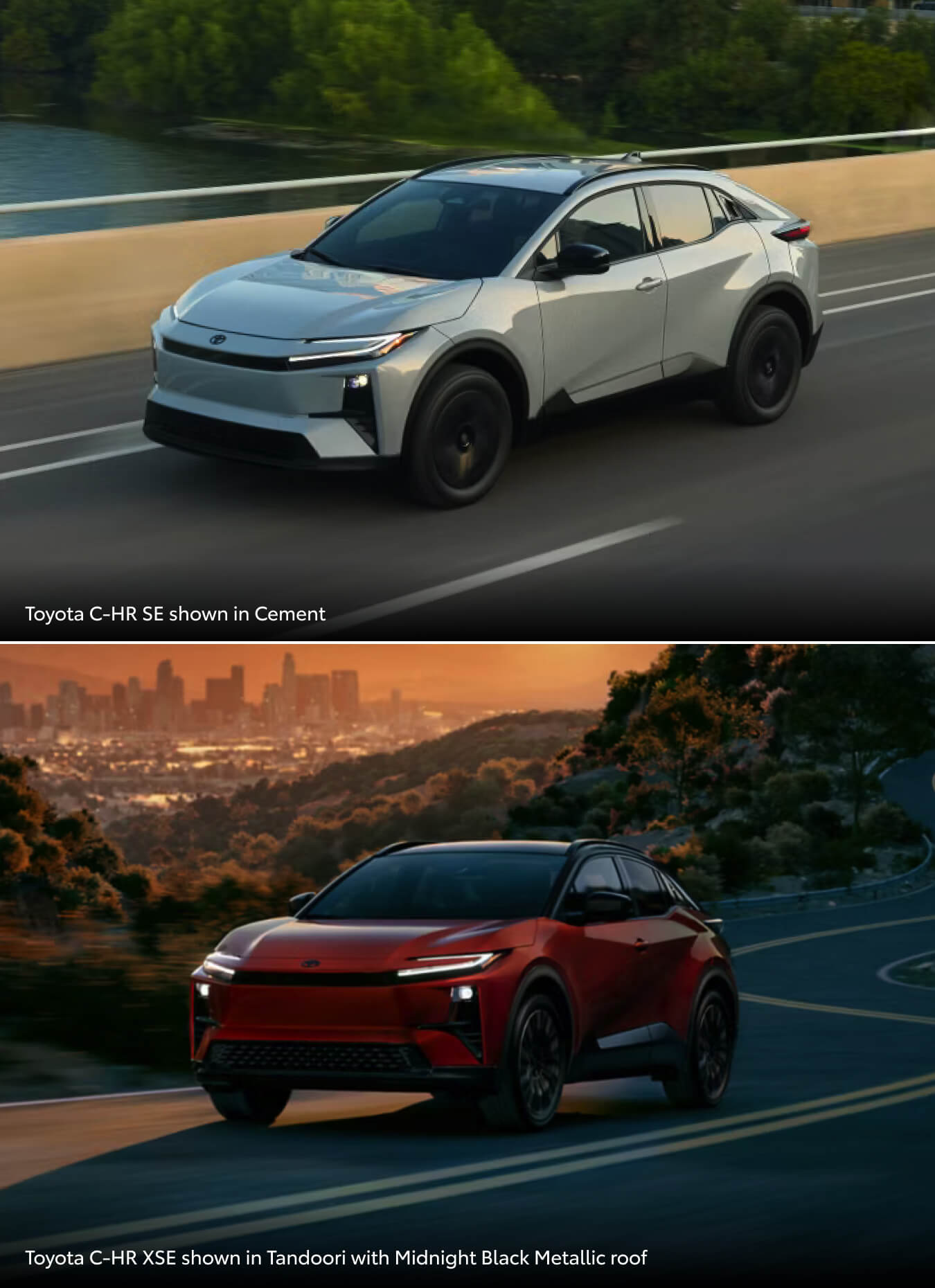Two 2026 Toyota C-HR EVs driving on open road highways