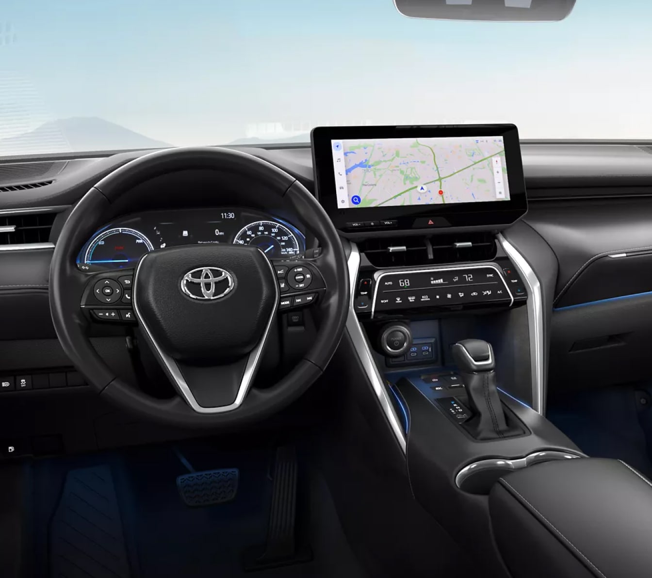 Interior view of the dashboard and wheel of a rented Toyota car