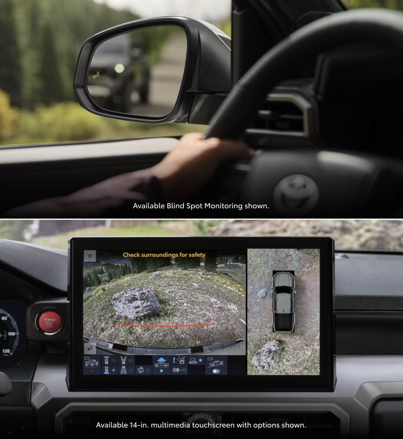 Wheel, driver's side mirror, & 14-in multimedia touchscreen of the 2026 Toyota Tacoma