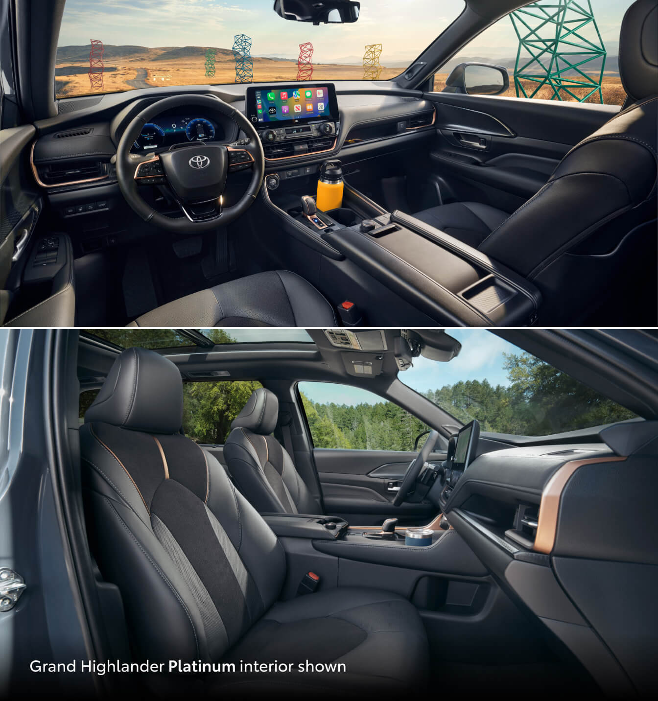 Two perspectives of the 2026 Toyota Grand Highlander Platinum interior in black