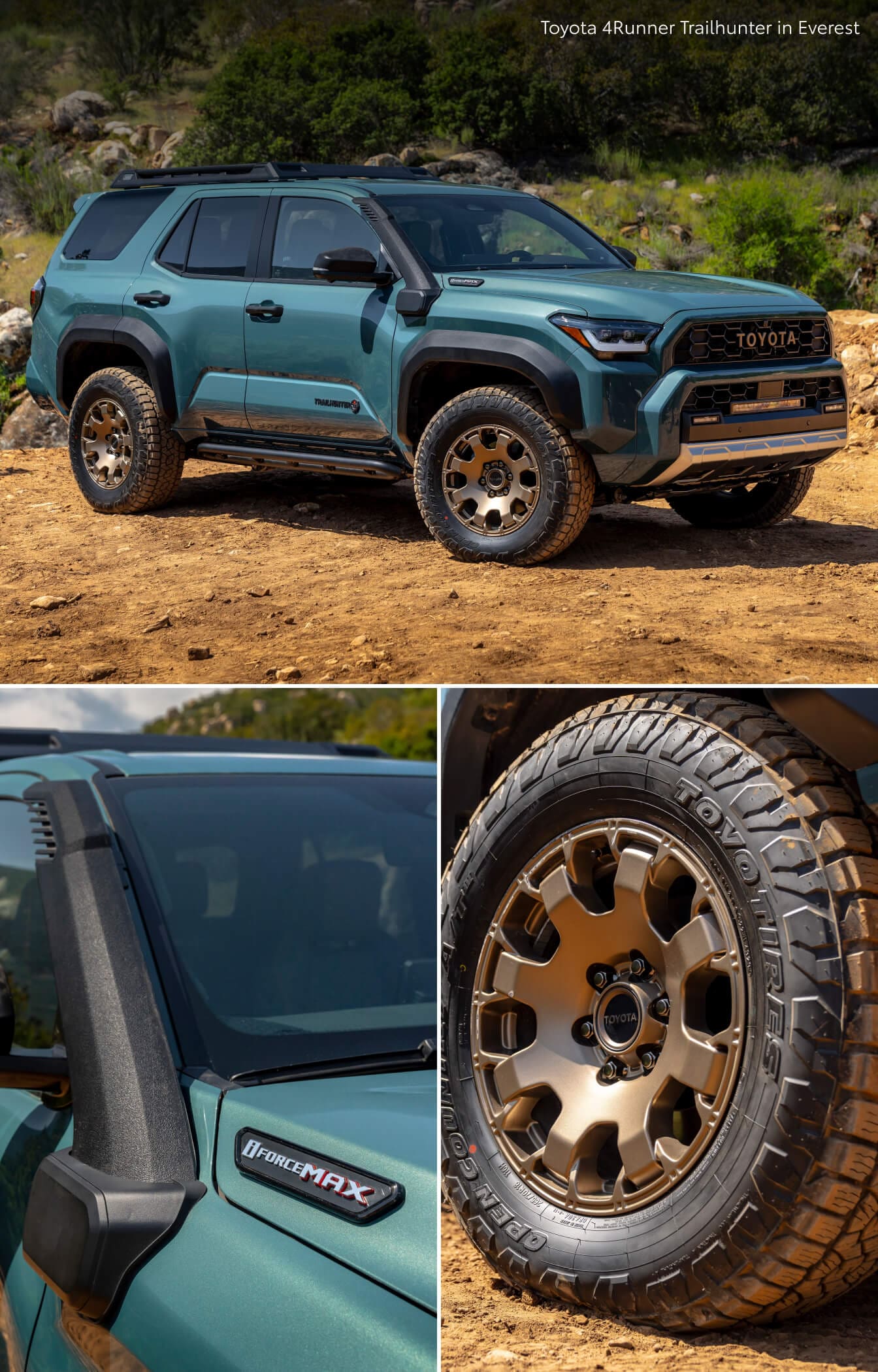 Three shots of the 2026 Toyota 4Runner Trailhunter in Everest Green including close-up shots of i-Force MAX emblem and front right tire with rim