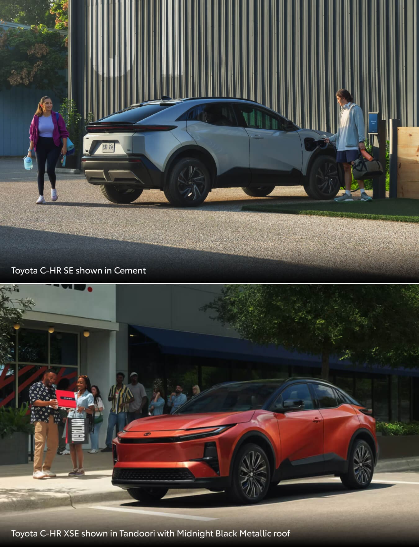 2026 Toyota C-HR SE in Cement on top and 2026 Toyota C-HR XSE in Tandoori on bottom