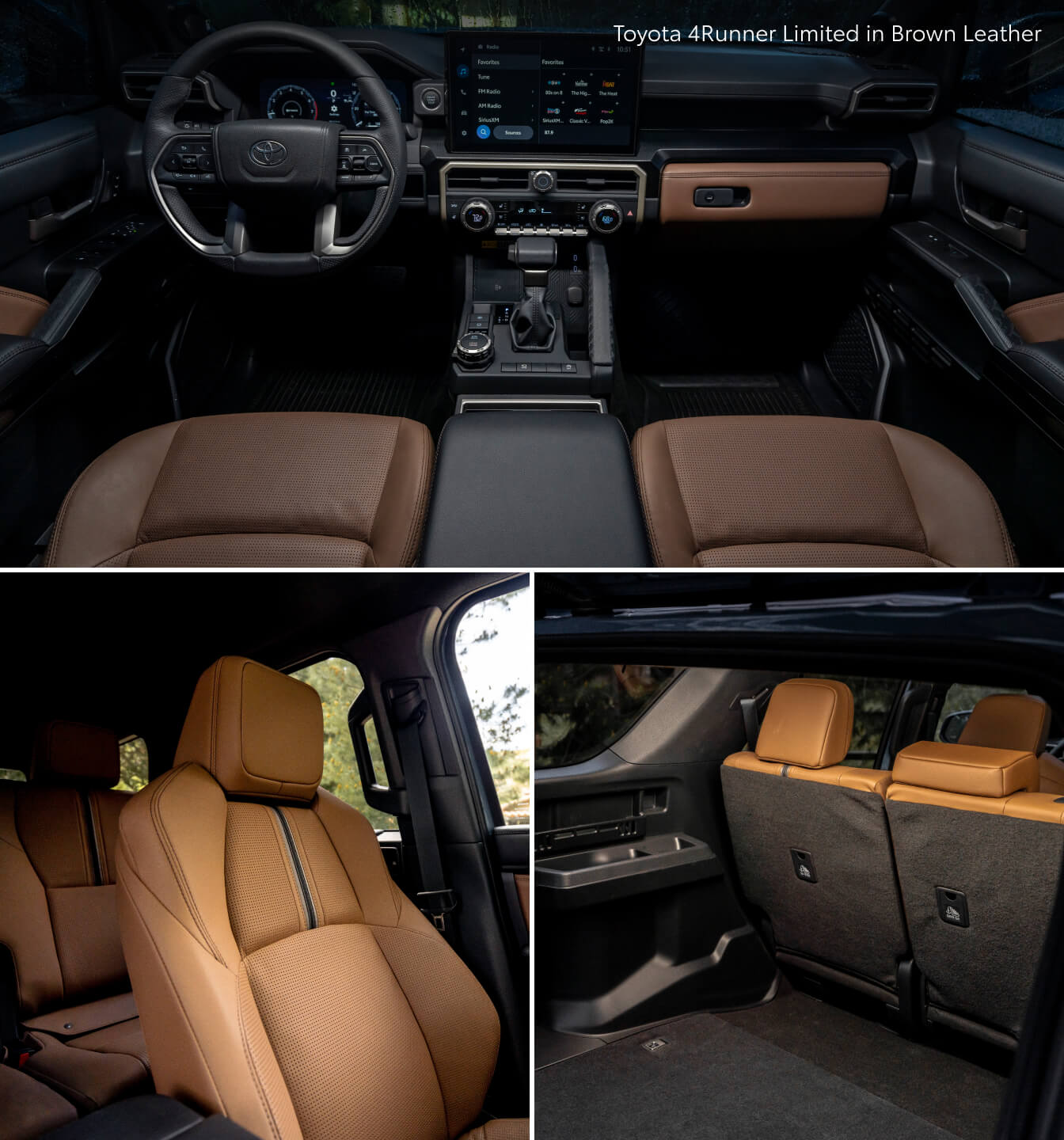 Three interior shots of the 2026 Toyota 4Runner featuring brown leather seating