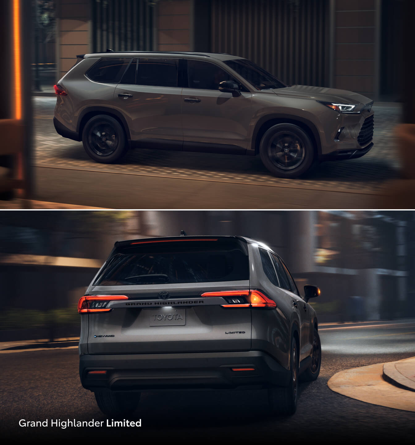 Two exterior shots of the 2026 Toyota Grand Highlander Hybrid Limited in Cement color exterior paint