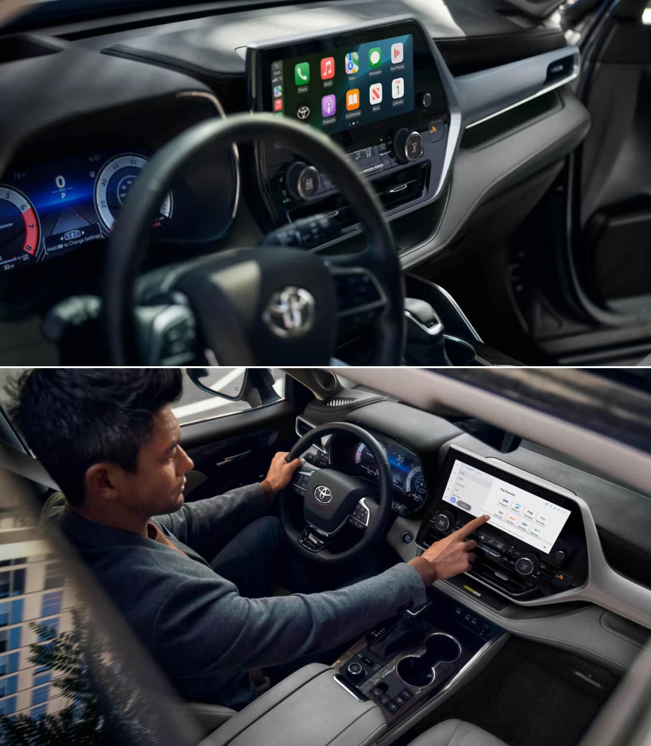Two images of the Graphite Leather interior of the new Toyota Highlander Platinum