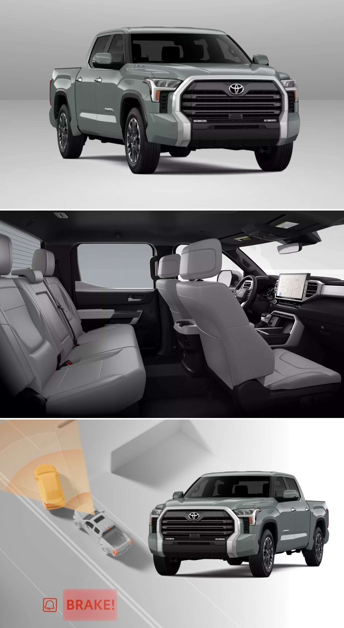 Interior and exterior images of the 2026 Tundra Limited i-FORCE MAX. Exterior in Lunar Rock with Boulder leather trimmed interior.