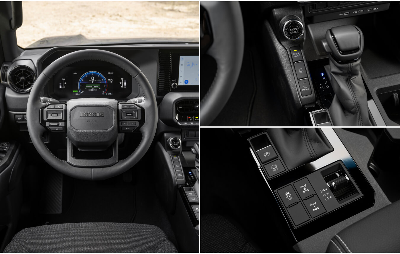 Interior collage of a Toyota Land Cruiser 1958 in Black Fabric showing the driver's cockpit, gear shifter, and off-road controls.