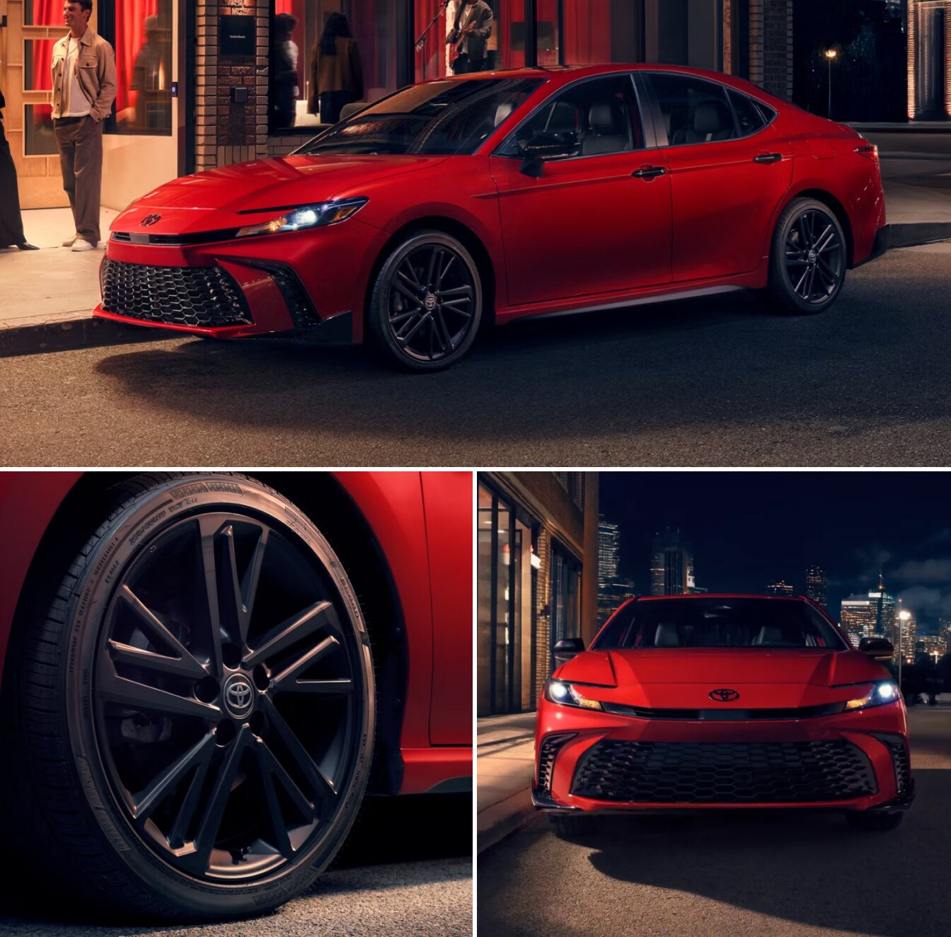 Three shots of the 2026 Toyota Camry Nightshade in Supersonic red including a close-up of the rims and front hood