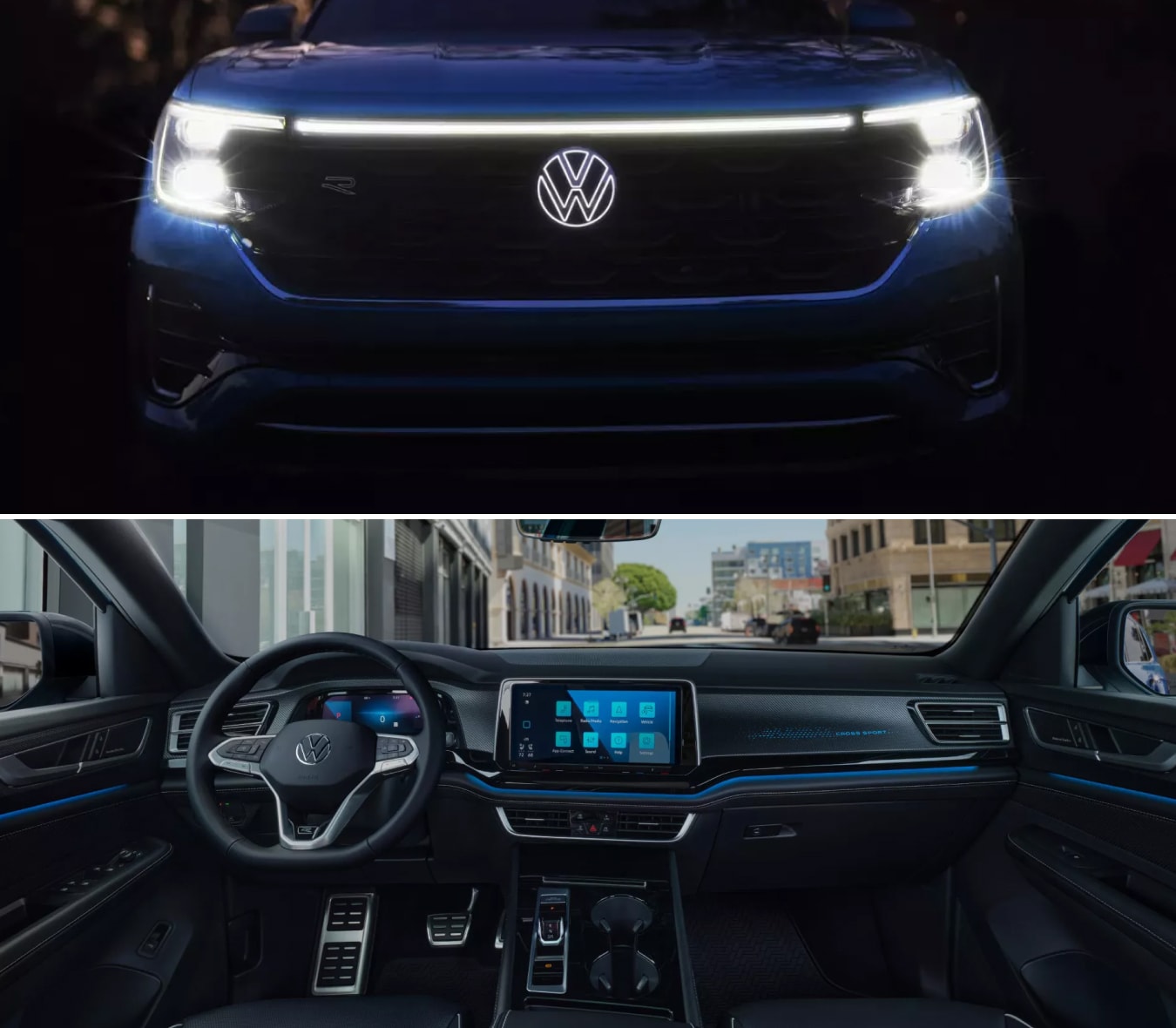 Close-up on the grille, emblem, and headlights of a Volkswagen Atlas Cross Sport above a shot of the interior front seat and dashboard