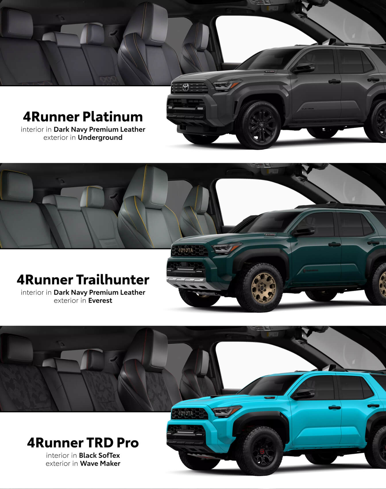 Exterior and interior shots of 3 2026 Toyota 4Runner Trims: Platinum in Underground, Trailhunter in Everest, & TRD Pro in Wave Maker