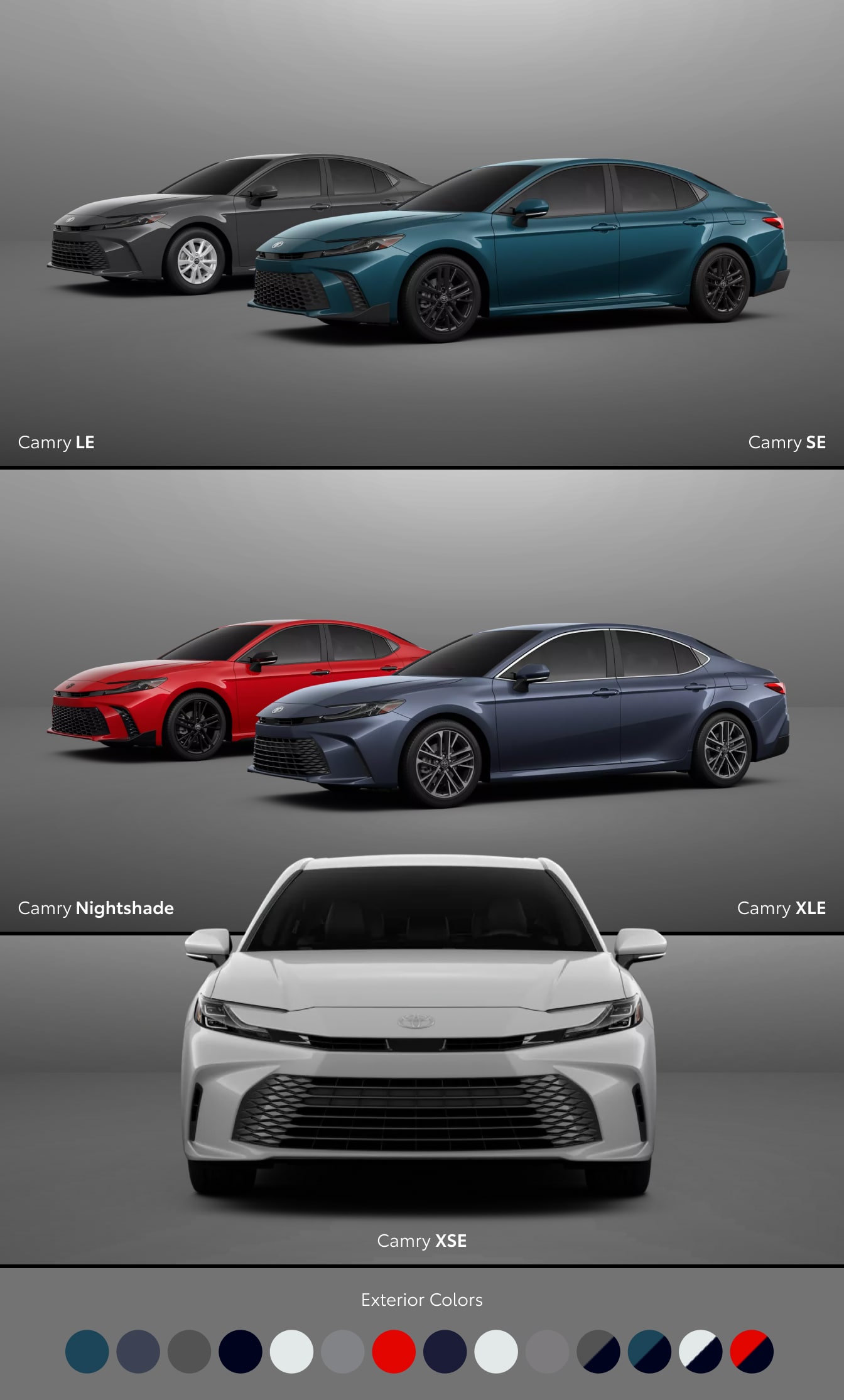 Various images of 2026 Toyota Camry color options across each 2026 Camry trim