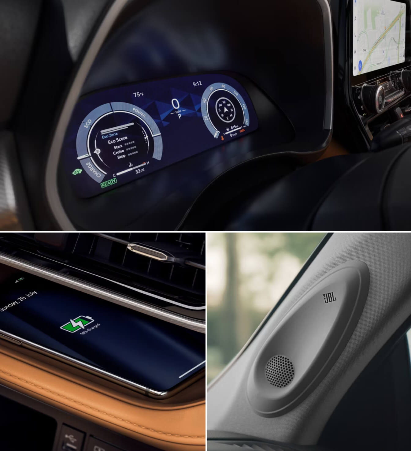 Close-up images of interior features inside a new Toyota Highlander Hybrid Premium shown in Glazed Caramel leather trim