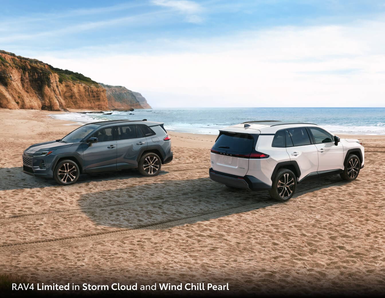 Two 2026 Toyota RAV4 Hybrid SUVs parked on a beach