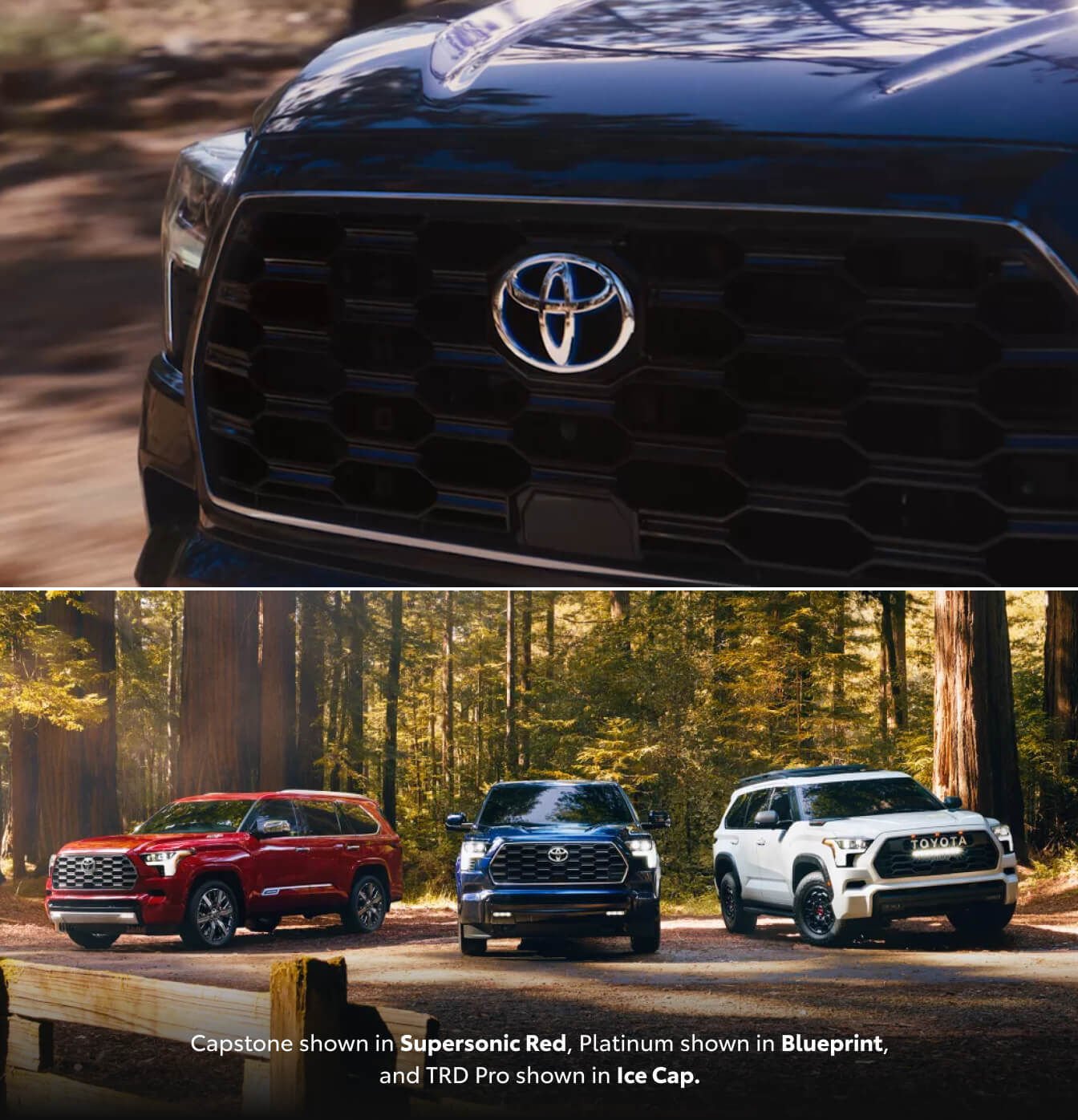 Close-up shot of the grill on a 2026 Toyota Sequoia and another shot of 3 Toyota Sequoia SUVs in red, blue, and white