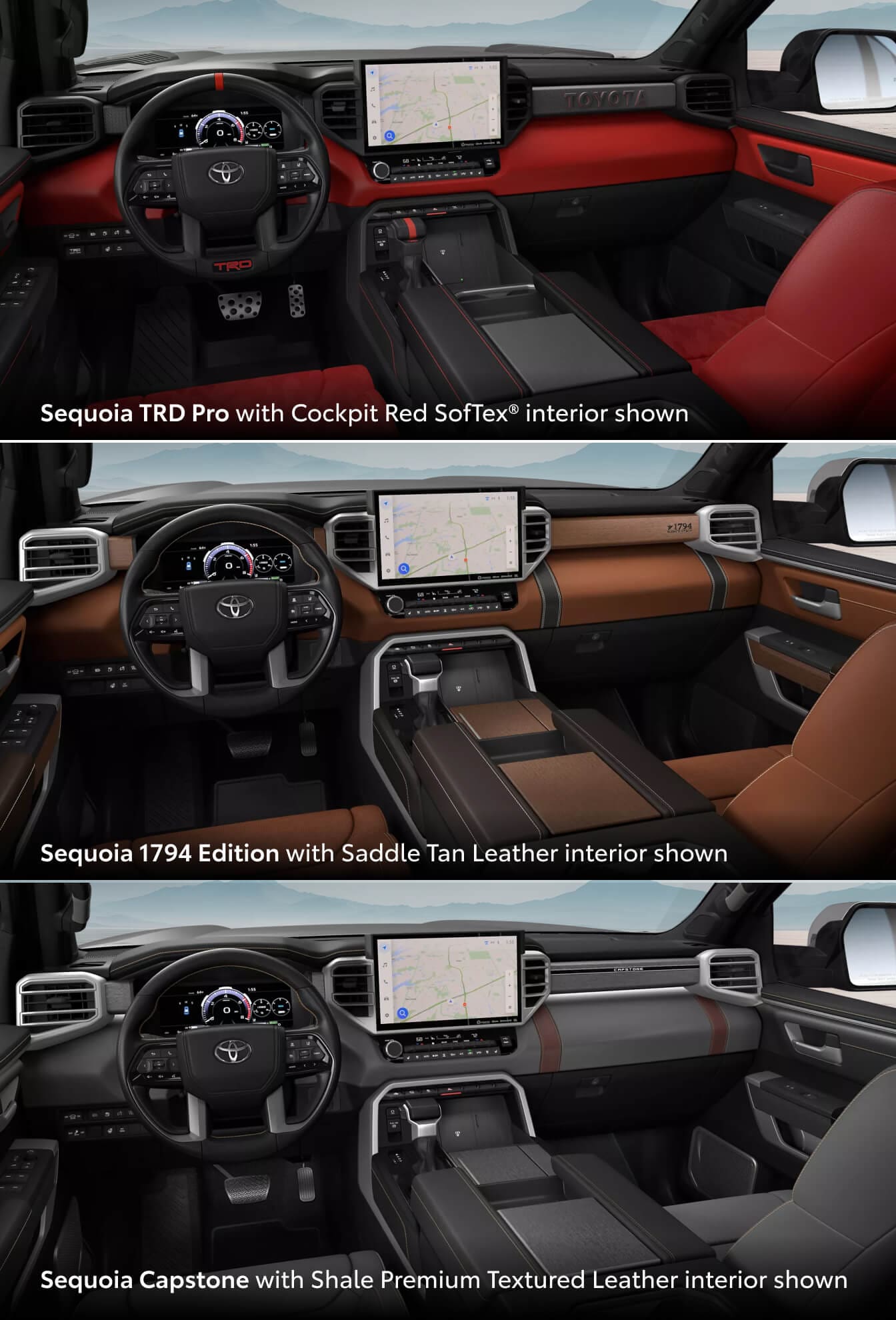 Three interior front seat shots of the 2026 Toyota Sequoia showing off different interior colors across 3 trims