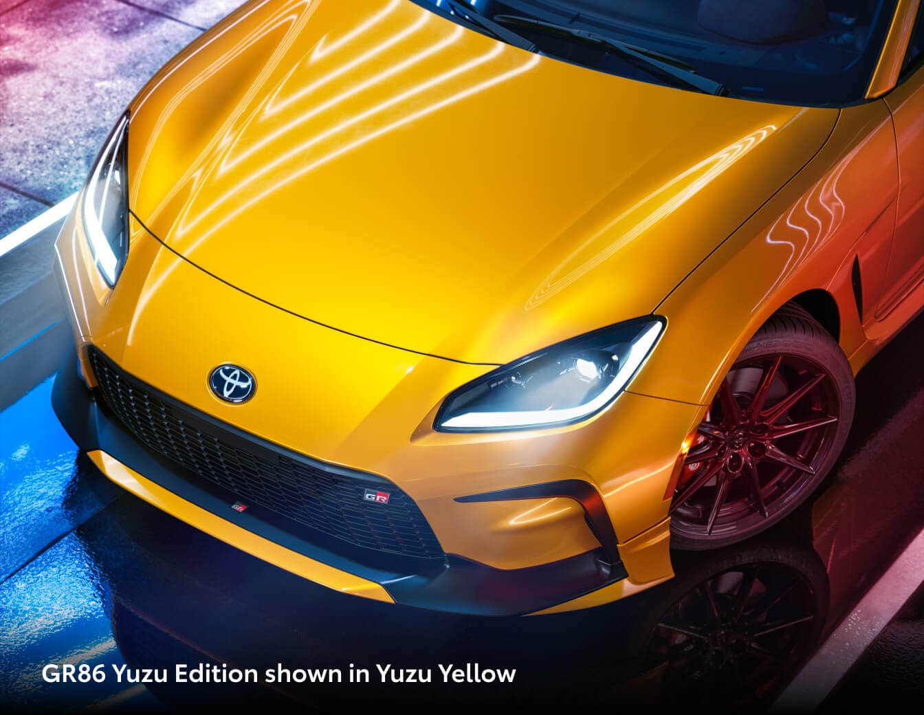 Birdseye view of the hood on a 2026 Toyota GR86 Yuzu Edition shown in Yuzu Yellow