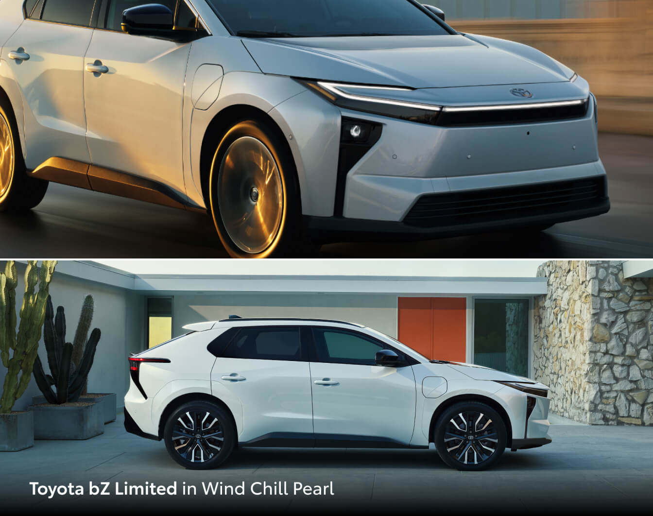 Three-quarter front view and side profile of the 2026 Toyota bZ Limited in Wind Chill Pearl