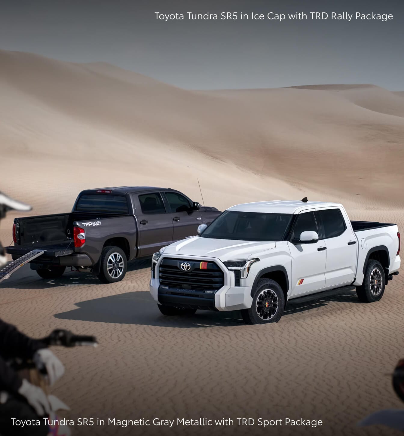 Two 2026 Toyota Tundra SR5 Trucks parked in sand facing opposite directions, one white and one gray