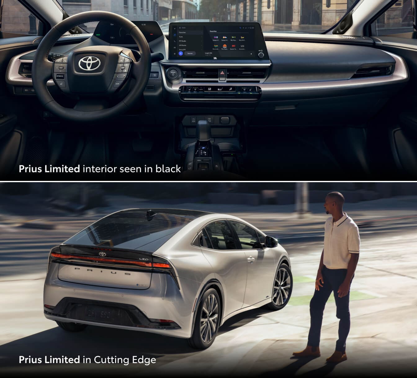 2026 Toyota Prius Limited showing black cockpit interior and Silver exterior in a rear three-quarter city view.