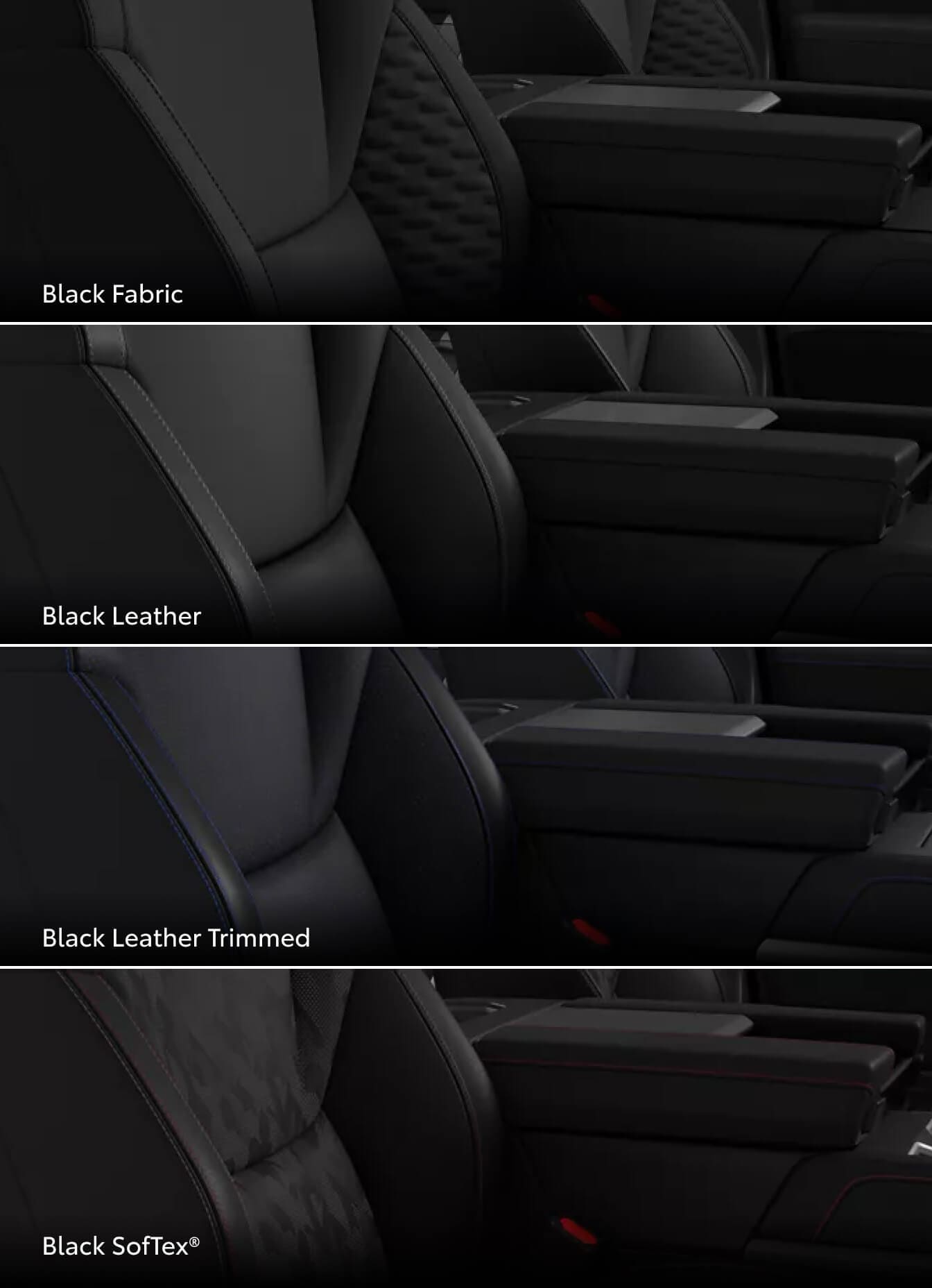 Four close-up shots of various interior options in a 2026 Toyota Sequoia