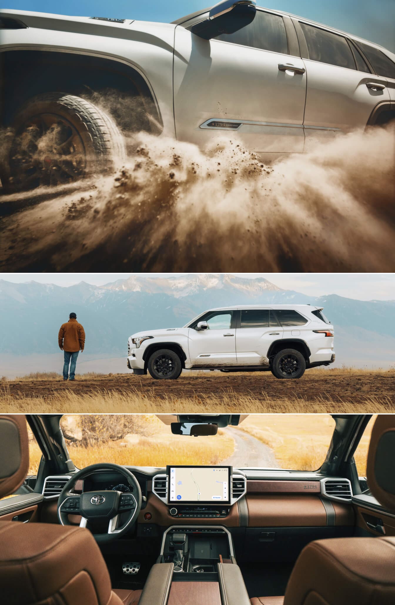 Interior and exterior shots of a 2026 Toyota Sequoia 1794 Edition on off-road terrain