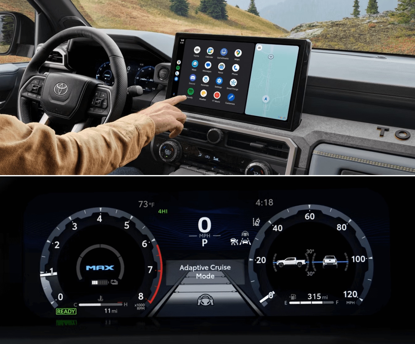Toyota Tacoma Trailhunter infotainment screen and instrument cluster