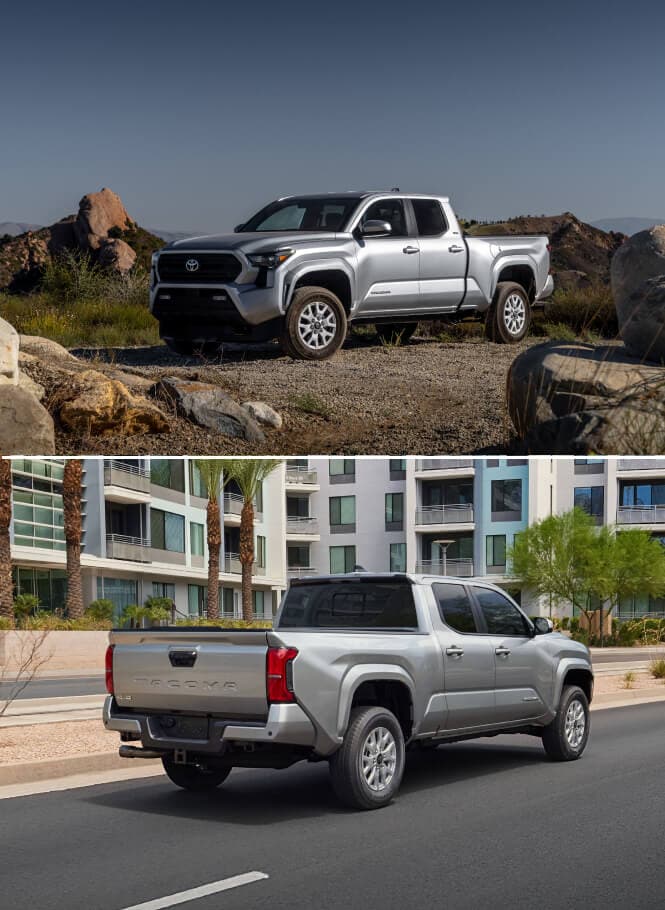 Two images: 2025 Toyota Tacoma SR5 on top & 2024 Toyota Tacoma SR5 on bottom