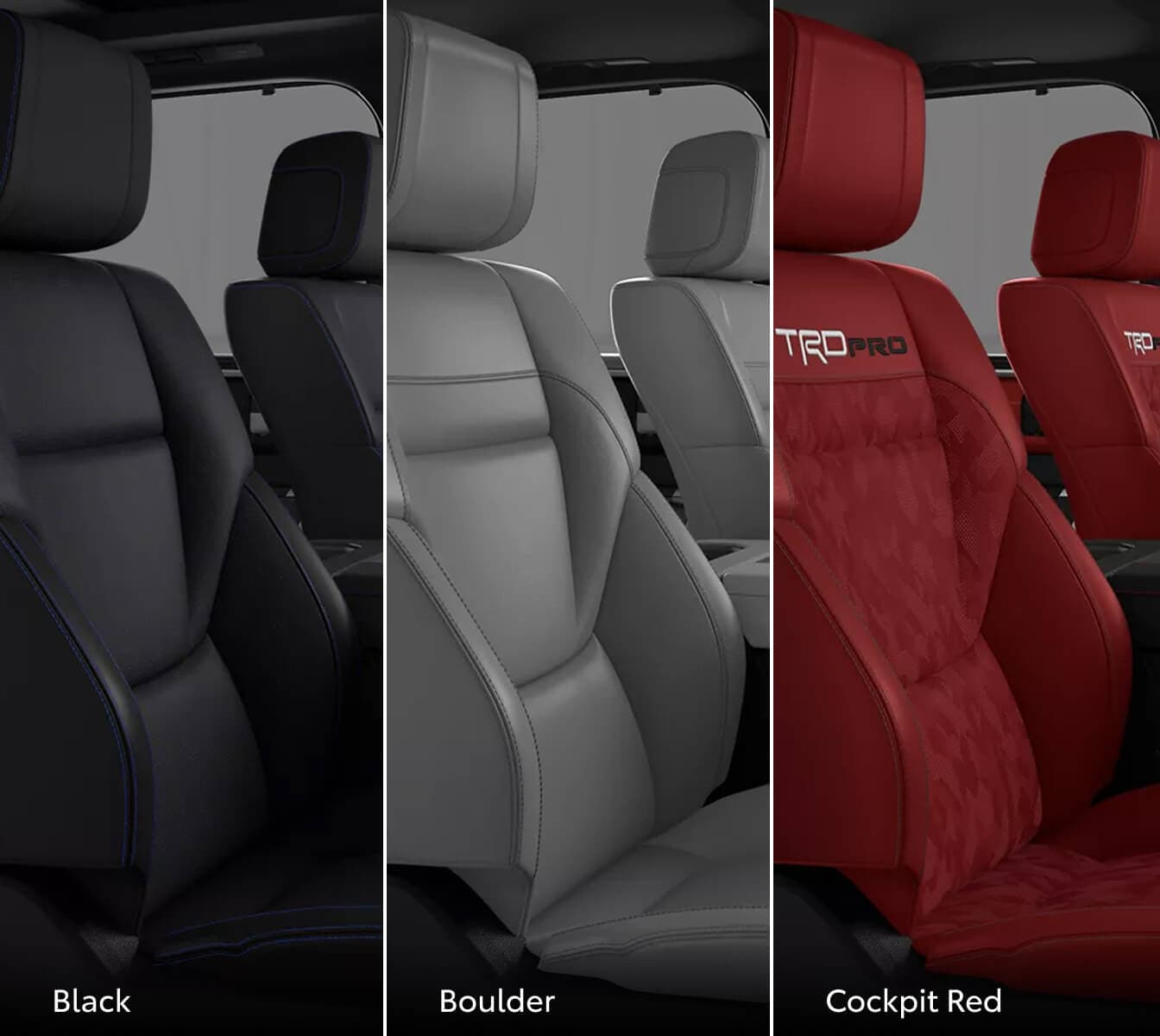 Three close-up interior shots of the seats inside of a 2026 Toyota Sequoia, each showing off a different color option