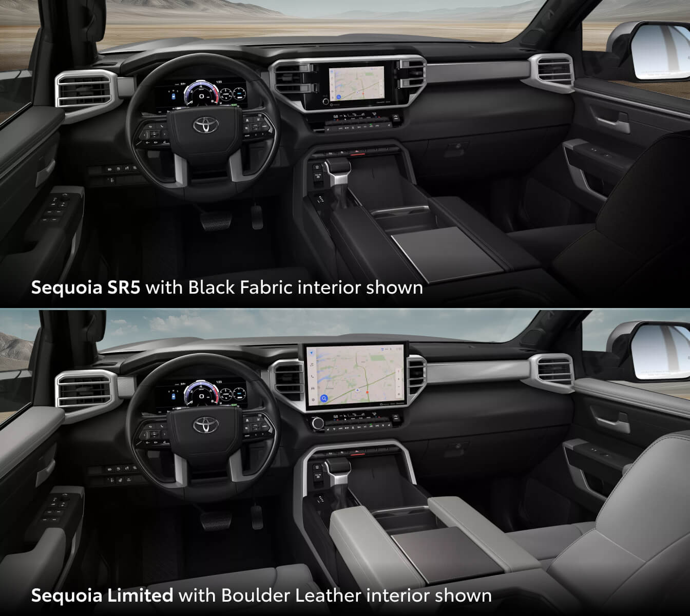 Interior front row shots of a 2026 Toyota Sequoia SR5 with Black Fabric and a Sequoia Limited with Boulder Leather