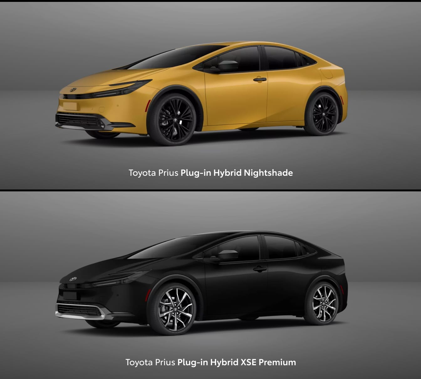 Toyota Prius Plug-in Hybrid Nightshade and XSE Premium models shown in different exterior colors from front three-quarter views.