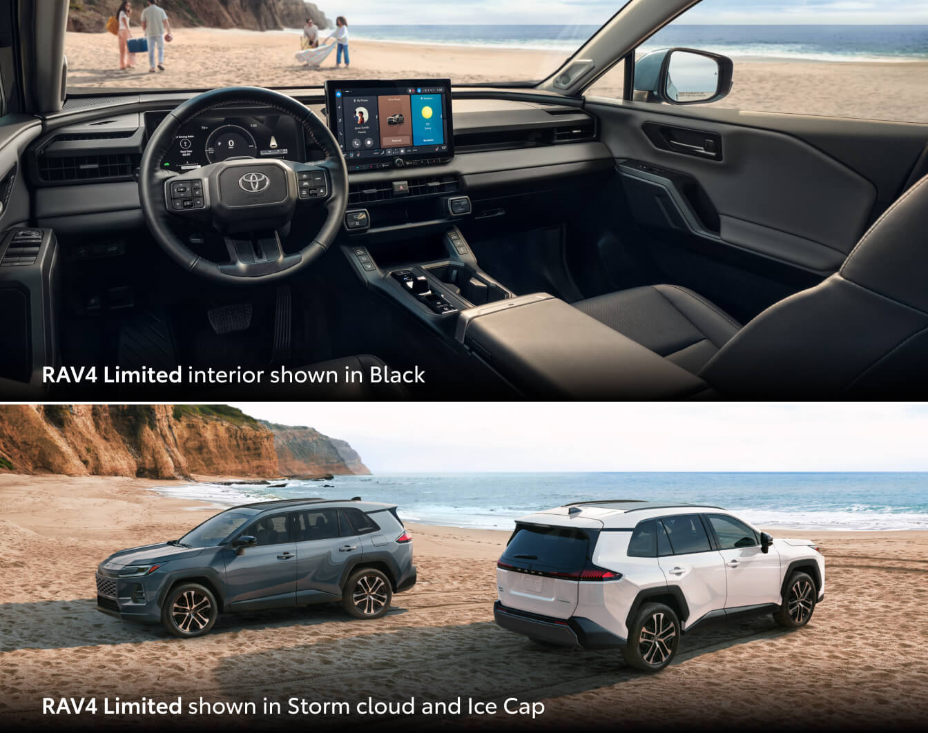Interior dashboard view of a 2026 Toyota RAV4 Limited and 2 RAV4 SUVs parked on the beach