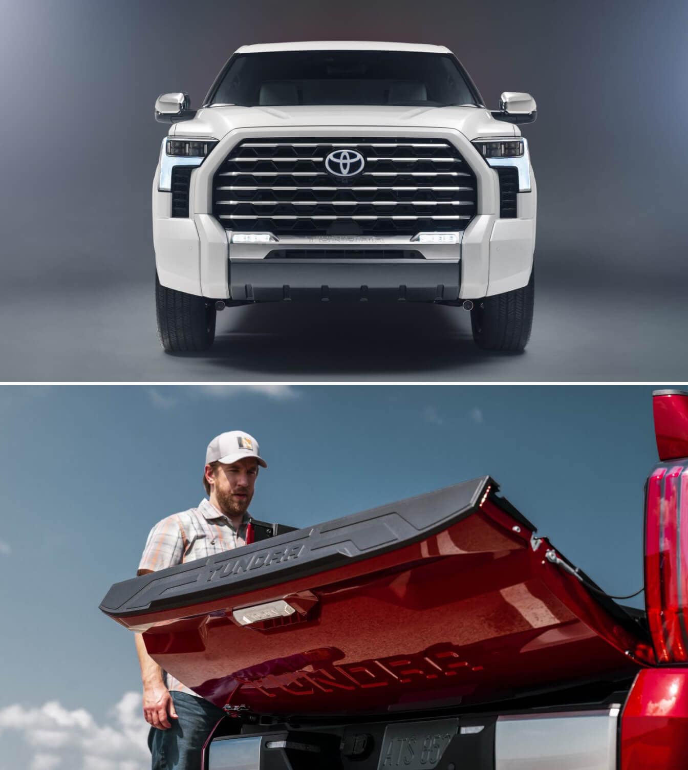 Front view of a 2025 Toyota Tundra Capstone in Wind Chill Pearl and a man loading up the trunk of a 2025 Toyota Tundra Limited in Supersonic Red