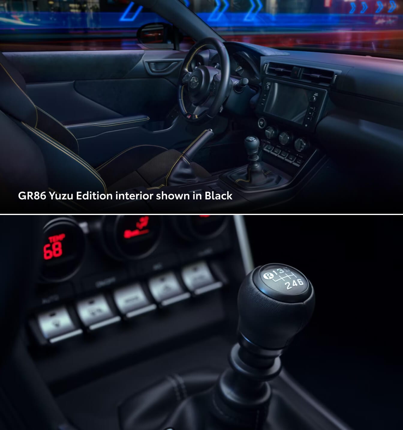 Two interior pictures of a Toyota GR86 Yuzu Edition with black interior; the front seat and a close-up of the black shifter
