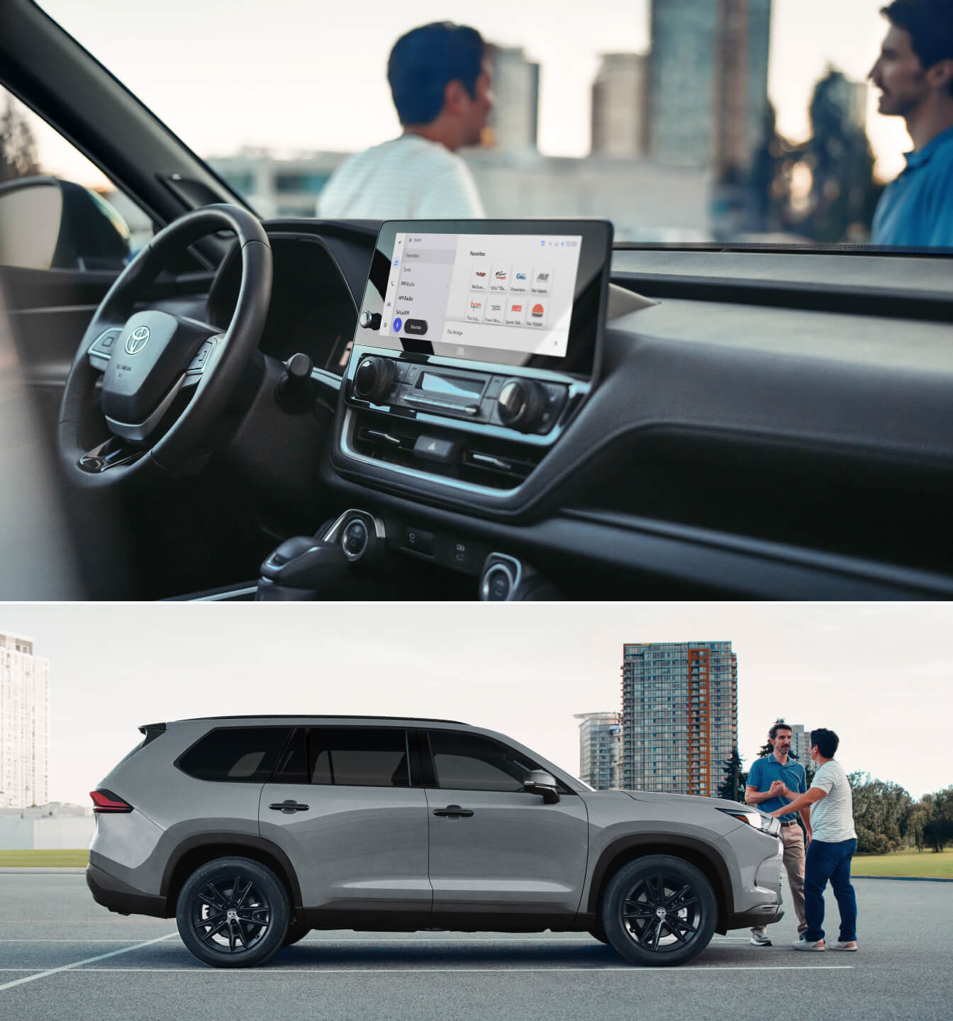Interior dashboard and exterior side view of a 2026 Toyota Grand Highlander Hybrid Nightshade