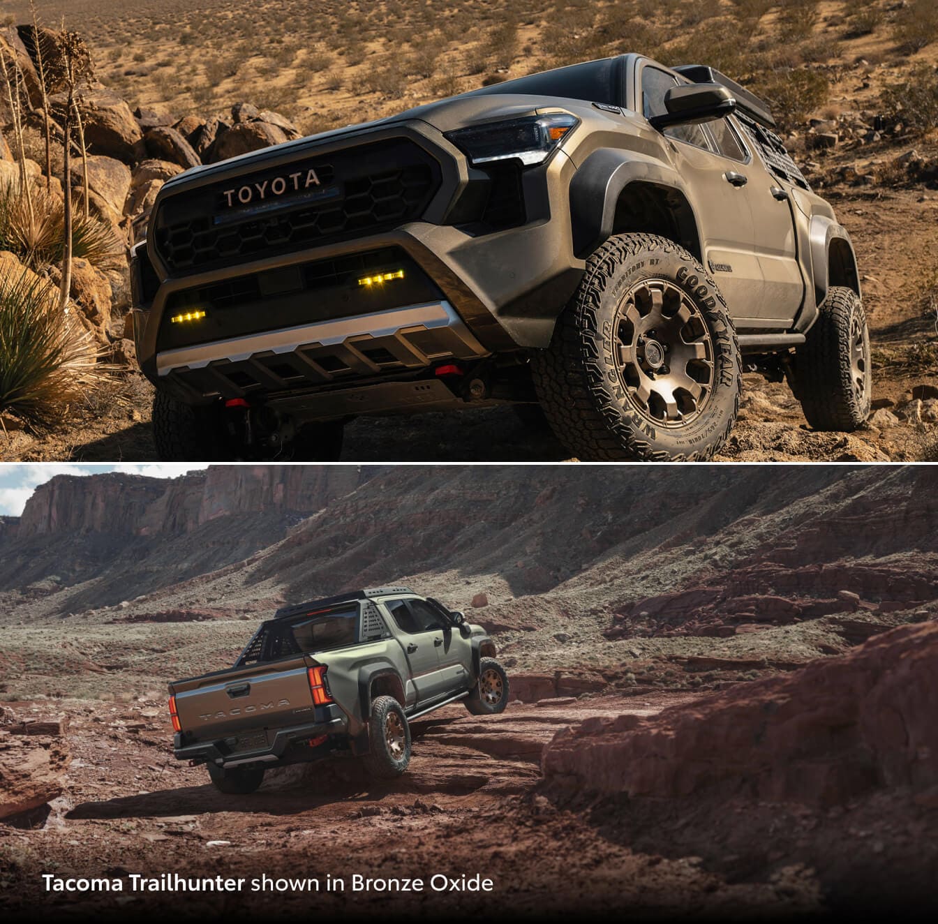 2026 Toyota Tacoma Trailhunter in Bronze Oxide, front off-road view. Bottom: rear view climbing a rocky canyon trail.