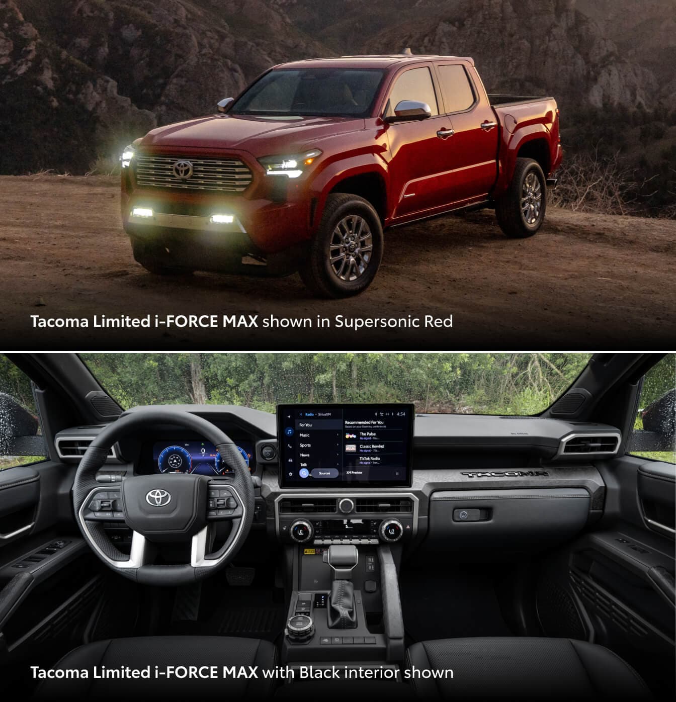 2026 Toyota Tacoma Limited i-FORCE MAX in Supersonic Red at dusk. Bottom: Black interior with cockpit and touchscreen.