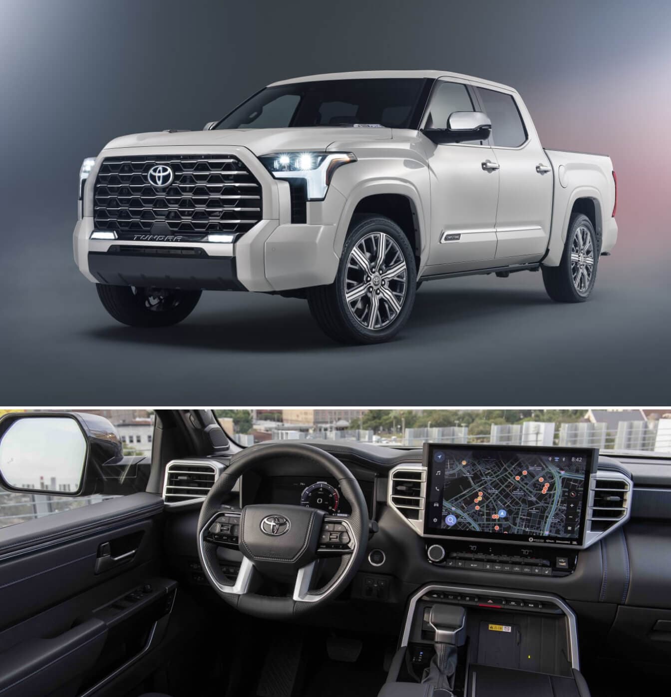 Three-quarter view of a 2025 Toyota Tundra Capstone in Wind Chill Pearl & the Tundra Platinum Interior in black