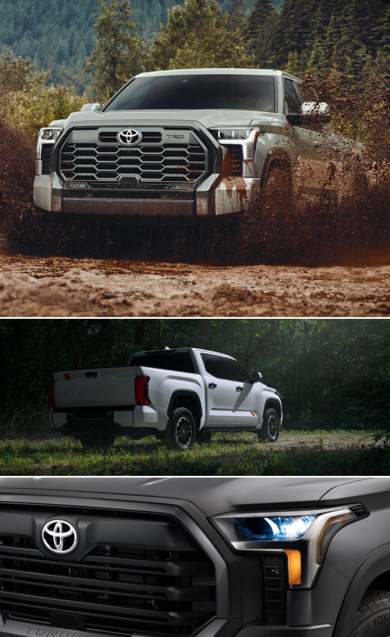 Various images of 2025 Toyota Tundra models including the Tundra Platinum with Off-Road Package in Celestial Silver, the Tundra TRD with Rally Package in Wind Chill Pearl, and Tundra SX Package in Magnetic Gray