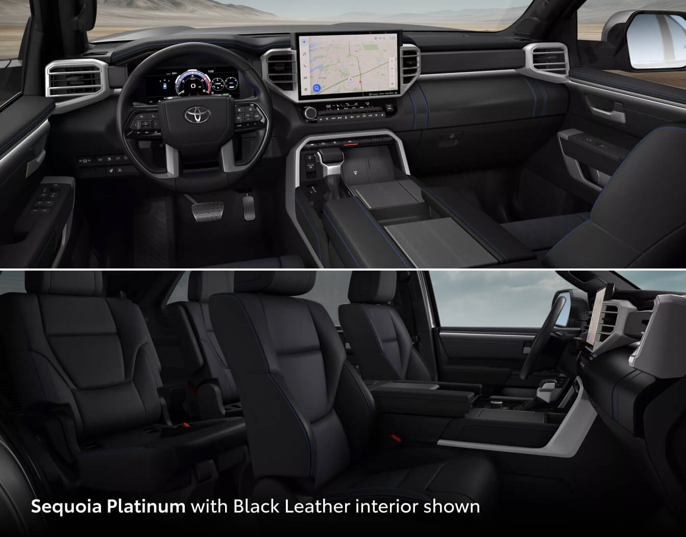 Two interior shots of a 2026 Toyota Sequoia Platinum showing the black leather interior