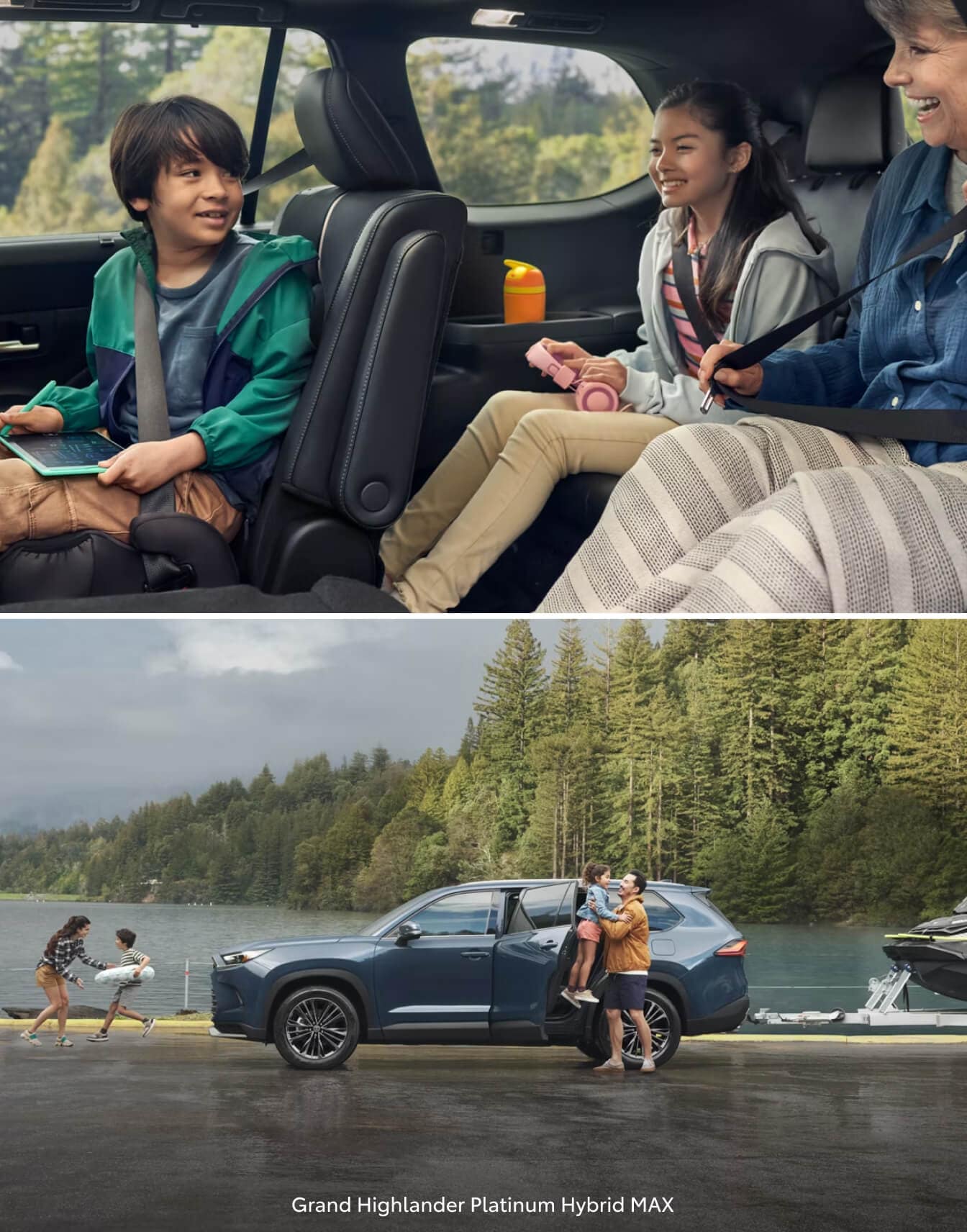Interior and exterior shot of a family in their 2026 Toyota Grand Highlander near a lake