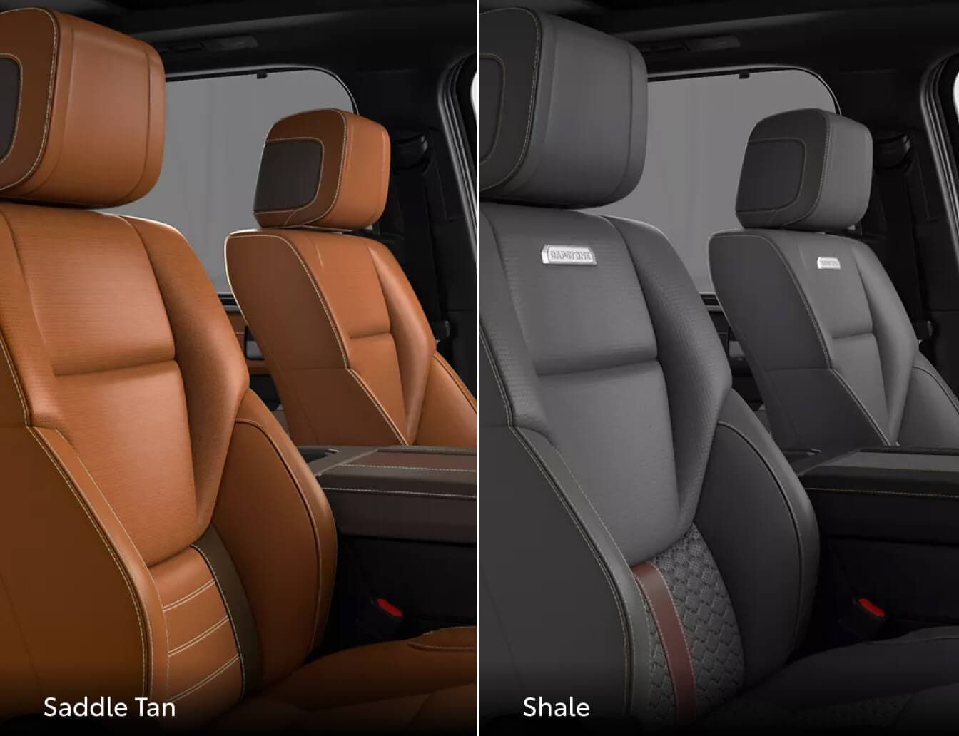 Two close-up interior shots of the seats inside of a 2026 Toyota Sequoia, one in Saddle Tan and the other in Shale